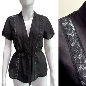 Velvet 100% Silk Lace Inset Wrap Top Size XS Black Puff Sleeve Belted Whimsigoth